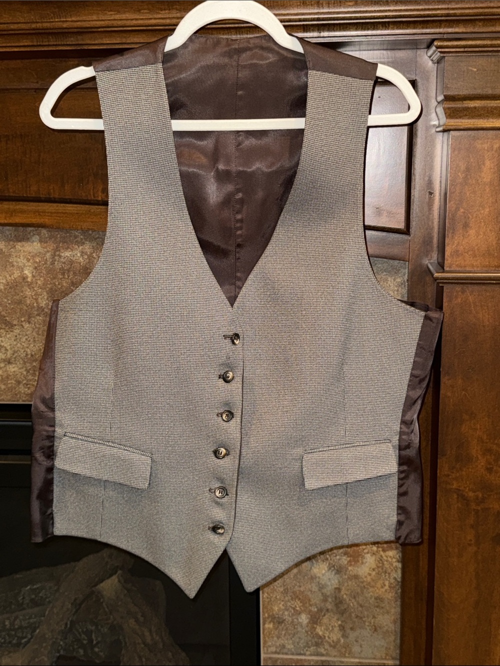 Vintage Reversible Brown Suit Vest Waistcoat Micro Check Buttons Preppy est L